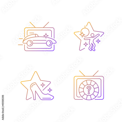 TV genres gradient linear vector icons set. Car racing broadcast. Dancing competition. Game show. Television series. Thin line contour symbols bundle. Isolated outline illustrations collection