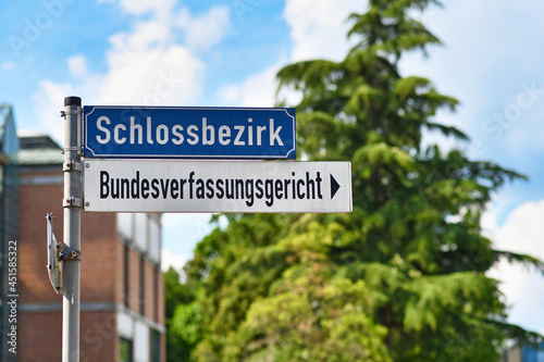 Public not copyrighted road sign of Federal Constitutional Court in Germany called 'Bundesverfassungsgericht' in Karlsruhe, Germany photo