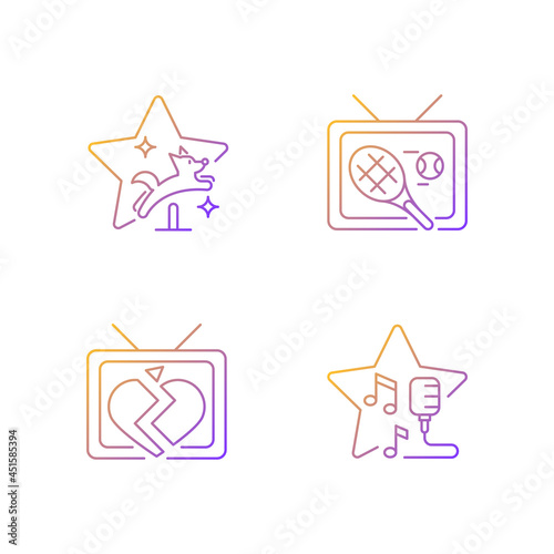 Television series genres gradient linear vector icons set. Pet training. Sports program, tennis broadcast. Open mic show. Thin line contour symbols bundle. Isolated outline illustrations collection