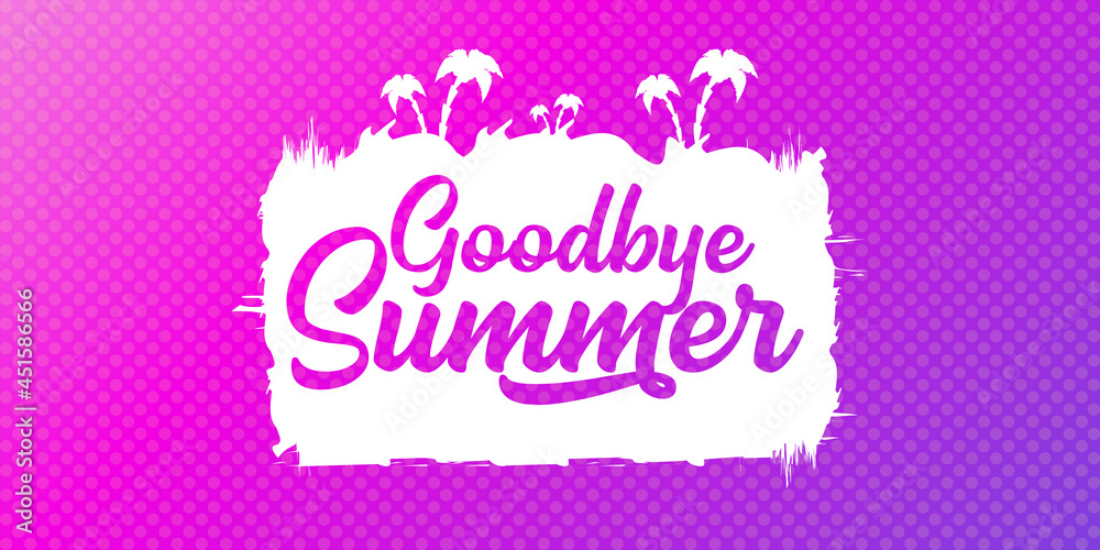 White goodbye summer vector concept text label or sticker on violet horizontal background. Goodbye summer concept illustration