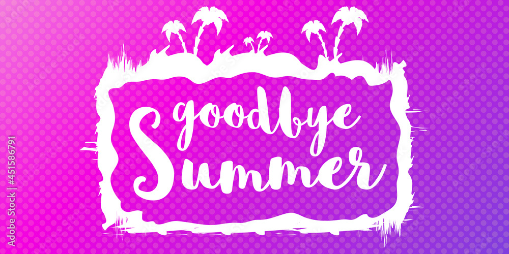 White goodbye summer vector concept text label or sticker on violet horizontal background. Goodbye summer concept illustration White goodbye summer vector concept text label or sticker on violet horizontal background. Goodbye summer concept illustration