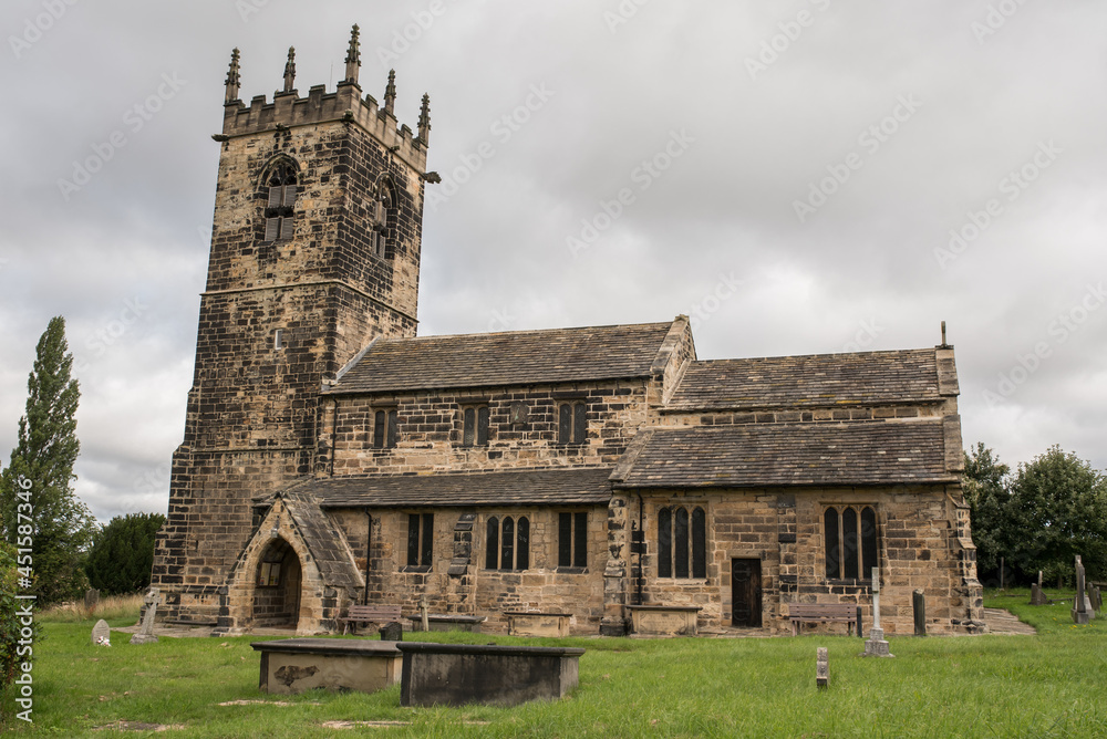 Felkirk, West Yorkshire, United Kingdom - August 18 2021: Beautiful historic St Peter's church in Felkirk, United Kingdom. 