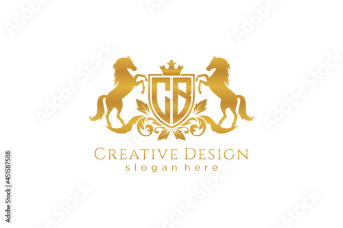 initial CB Retro golden crest with shield and two horses, badge template with scrolls and royal crown - perfect for luxurious branding projects