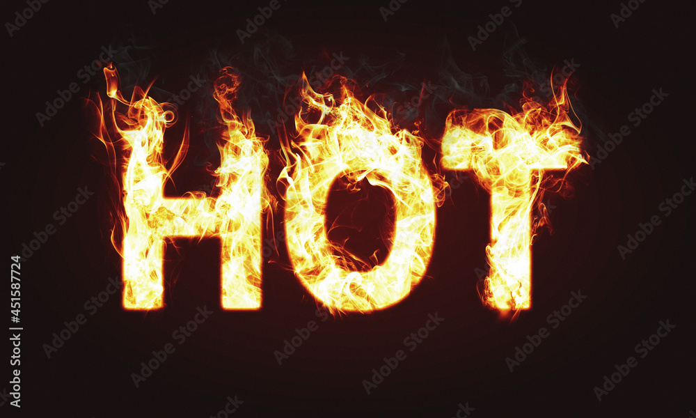 Hot word with fire. Flaming word on a black background. Hot word with fire. Flaming word on a black background.