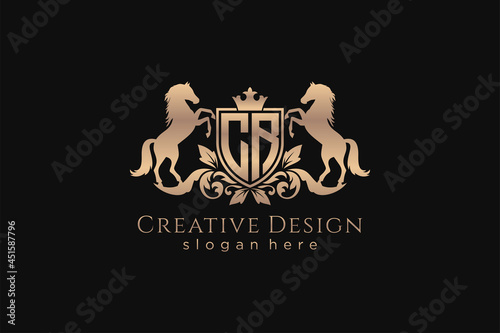 initial CR Retro golden crest with shield and two horses, badge template with scrolls and royal crown - perfect for luxurious branding projects