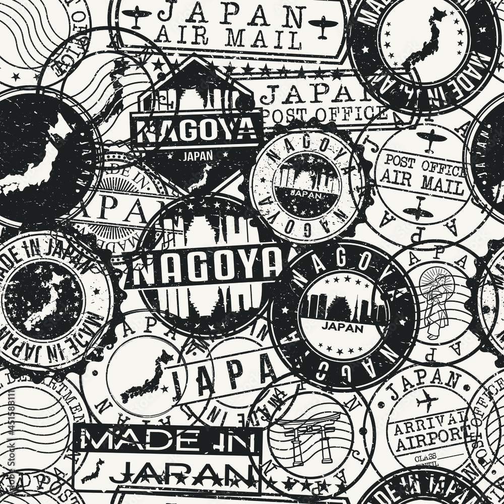 Nagoya, Aichi, Japan Stamps Background. A City Stamp Vector Art. Set of Postal Passport Travel. Design Set Pattern.