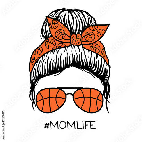 Basketball Mom. Women with aviator glasses bandana. Afro Women. Vector illustration.  Isolated on white background. Good for posters, t shirts, postcards.