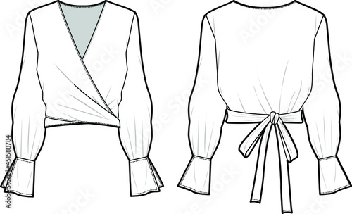 Fotografia tie back bishop sleeve v neck overlap blouse front and back view vector fashion