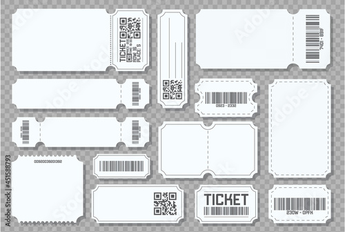 Blank mockup ticket. Concert hall blank ticket with barcode and QR code, isolated set of different modern coupons