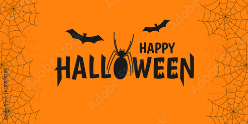 Happy Halloween background with bats, spider and spiderwebs. Greeting card, party invitation or sale banner template. Vector illustration. 