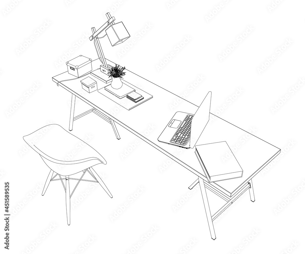 Contour of a workplace with a table, chair, laptop, lamp, flower and drawing supplies. Isometric view. Vector illustration Contour of a workplace with a table, chair, laptop, lamp, flower and drawing supplies. Isometric view. Vector illustration