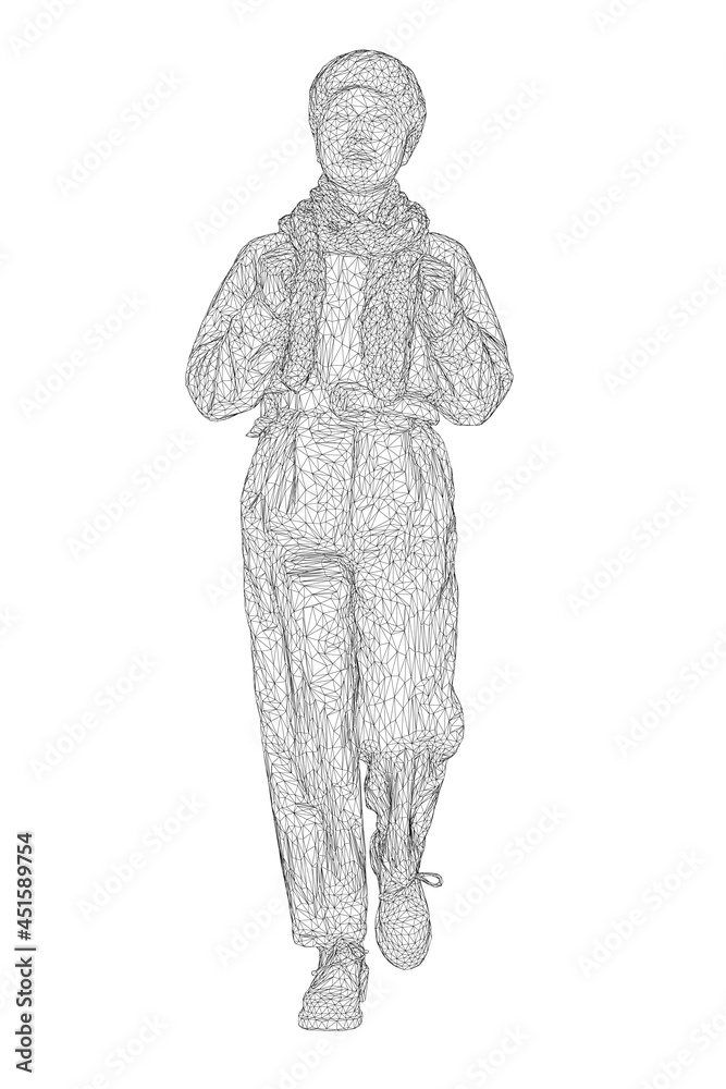 Wireframe of a young girl walking with a backpack behind her, in a hat and a scarf made of black lines, isolated on a white background. Front view. 3D. Vector illustration