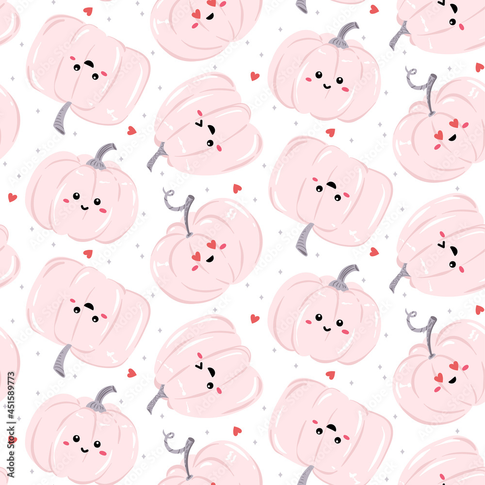 Seamless pattern with kawaii pumpkin characters. Repeat design for kids clothes