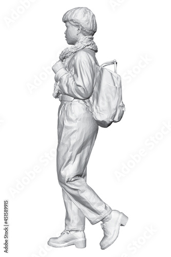 Model of a young girl walking with a backpack behind her back in a hat and scarf isolated on a white background. Side view. 3D. Vector illustration