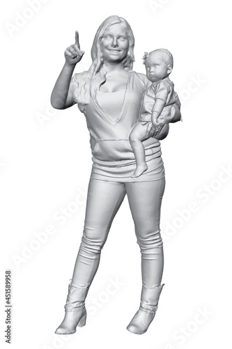 Model of a young mother with a baby on her hand, the other hand is raised up isolated on a white background. Front view. 3D. Vector illustration