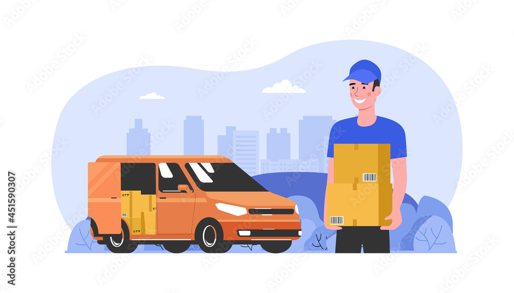 Delivery courier hands over boxes unloaded from cargo van. Vector illustration. Delivery courier hands over boxes unloaded from cargo van. Vector illustration.