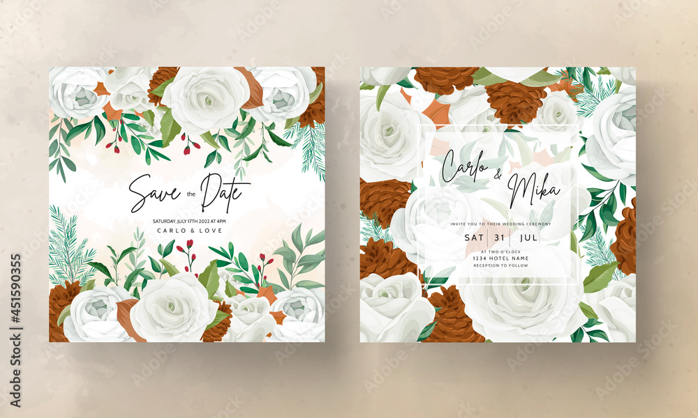 wonderful wedding invitation card set with greenery leaves white rose and pine flower