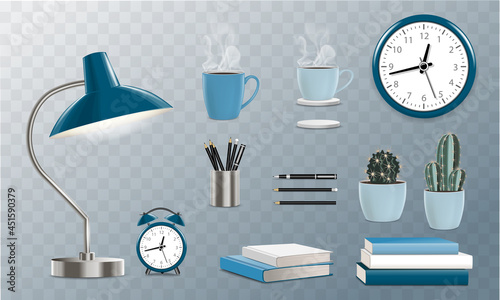 Vector retro stationery set objects with retro lamp, alarm, clock, coffee cup, plants, books, notebooks, pens and pencils