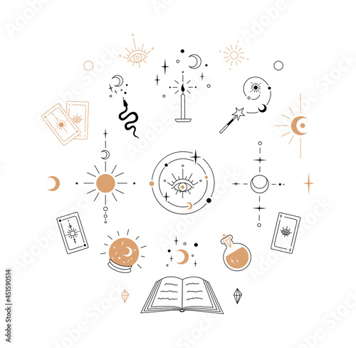 vector set of isolated elements of magic and divination, esoteric symbols