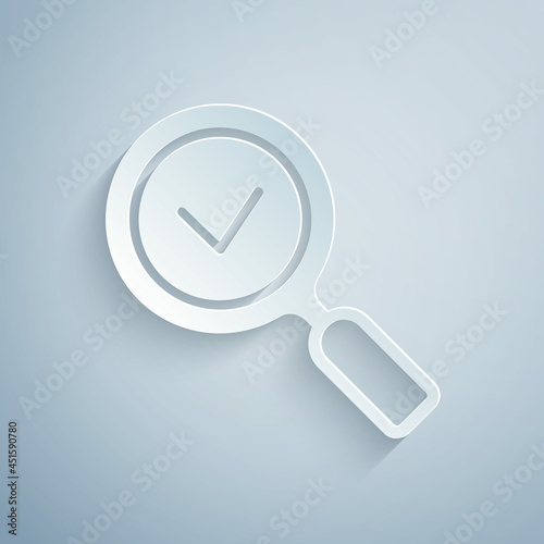 Paper cut Magnifying glass with check mark icon isolated on grey background. Search, focus, zoom, business symbol. Paper art style. Vector