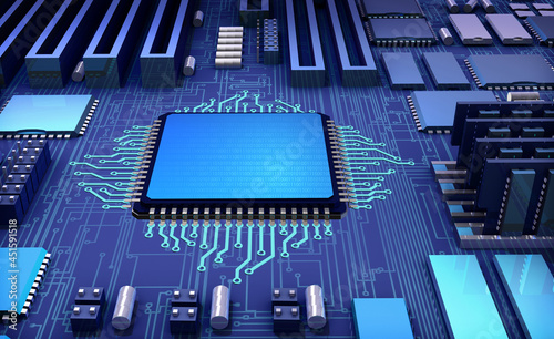 Close-up view of a CPU processor microchip connected to a computer motherboard. 3D rendered illustration