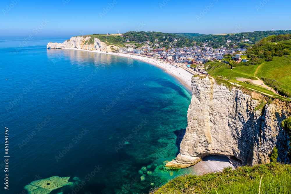 High angle view of the beach of Etretat and the Amont cliff in Normandy, France
