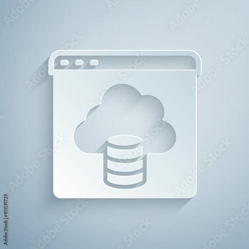 Paper cut Cloud technology data transfer and storage icon isolated on grey background. Paper art style. Vector