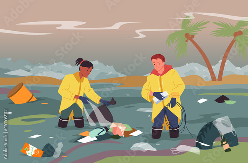 Cartoon volunteer worker characters cleaning water from plastic bags, rubber shoes, paper boxes background. People clean dirty river from garbage, polluted beach cleanup vector illustration