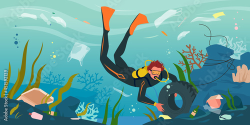 Scuba diver cleaning sea ocean water from plastic trash pollution vector illustration. Cartoon dirty underwater scenery with man collecting garbage, car tire, plastic bottle and paper box background