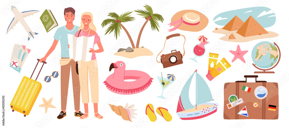 Cartoon travelling woman man characters on holiday journey with travel objects, passenger luggage, tourism collection isolated on white. People and travel summer vacation set vector illustration