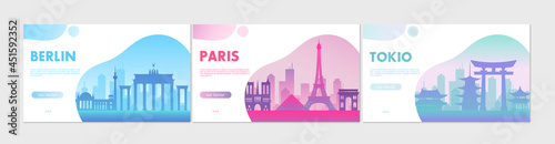 Cartoon flat cityscape with famous architecture buildings for tourists and travelers, traveling symbols of Paris city, Berlin, Tokyo and South Korea. Travel tourism concepts vector illustration set