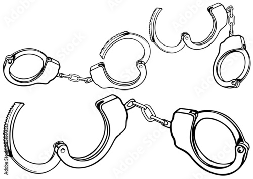 Hand Drawn Sketch of Handcuffs in Black Isolated on White Background - Set of Three Illustrations, Vector