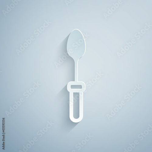 Paper cut Teaspoon icon isolated on grey background. Cooking utensil. Cutlery sign. Paper art style. Vector