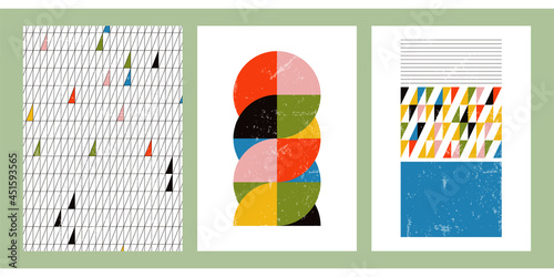 A set of three colorful aesthetic geometric backgrounds. Minimalist social media posters, cover designs, web, home decor. Vintage rainbow illustrations with stripes, shapes, circles, lines, rectangles