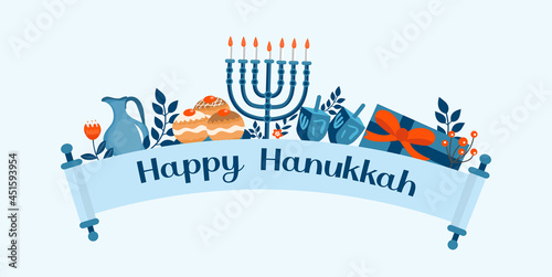 Happy Hanukkah banner, template for your design. Hanukkah is a Jewish holiday. Greeting Card with Menorah, Sufganiyot, Dreidel. Vector illustration