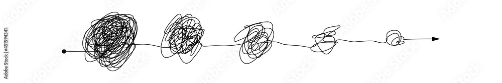 Messy clew symbols connected with direction arrow - complex to simple line path. Messy clew symbols connected with direction arrow - complex to simple line path.