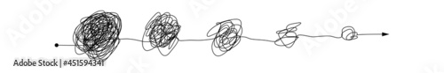 Messy clew symbols connected with direction arrow - complex to simple line path.