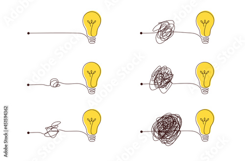 Complex to simple way to create idea - messy clew symbols with light bulb.