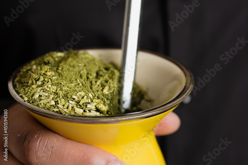 Closeup of chimarrao drink from Rio Grande do Sul. Yellow and green. photo