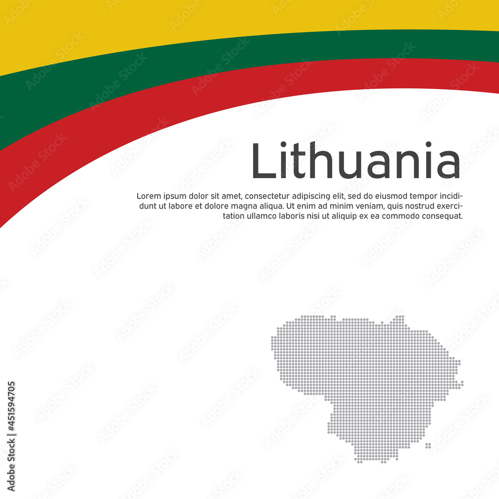 Lithuania flag, mosaic map on white background. Wavy ribbon with lithuanian flag. Vector flat banner design, lithuania national poster. Cover for business booklet. State patriotic, flyer, brochure Lithuania flag, mosaic map on white background. Wavy ribbon with lithuanian flag. Vector flat banner design, lithuania national poster. Cover for business booklet. State patriotic, flyer, brochure
