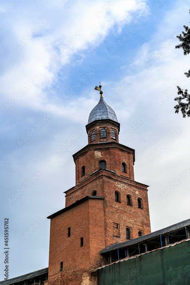 Russia, Veliky Novgorod, August 2021. Large multi-tiered watchtower.