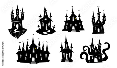 Silhouette of haunted house, ghost mansion, castle. Black silhouettes of Halloween creepy mansions set. Vector set of black silhouettes of Halloween creepy mansions isolated on white background.