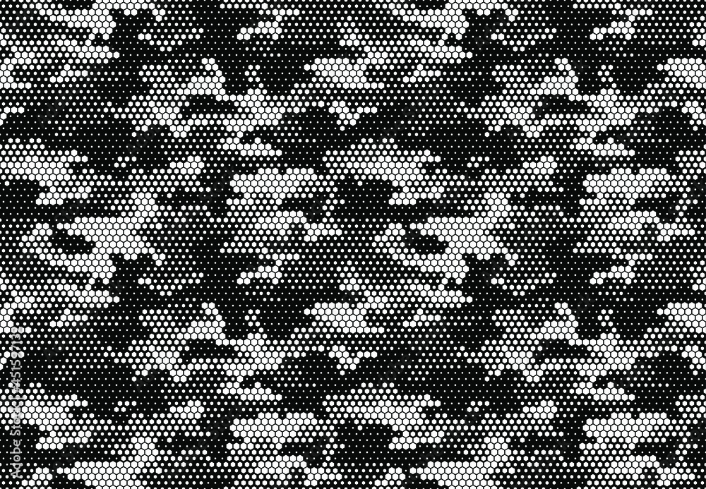 Seamless camouflage pattern. Repeating digital dotted hexagonal camo military texture background. Abstract modern fabric textile ornament. Vector illustration.