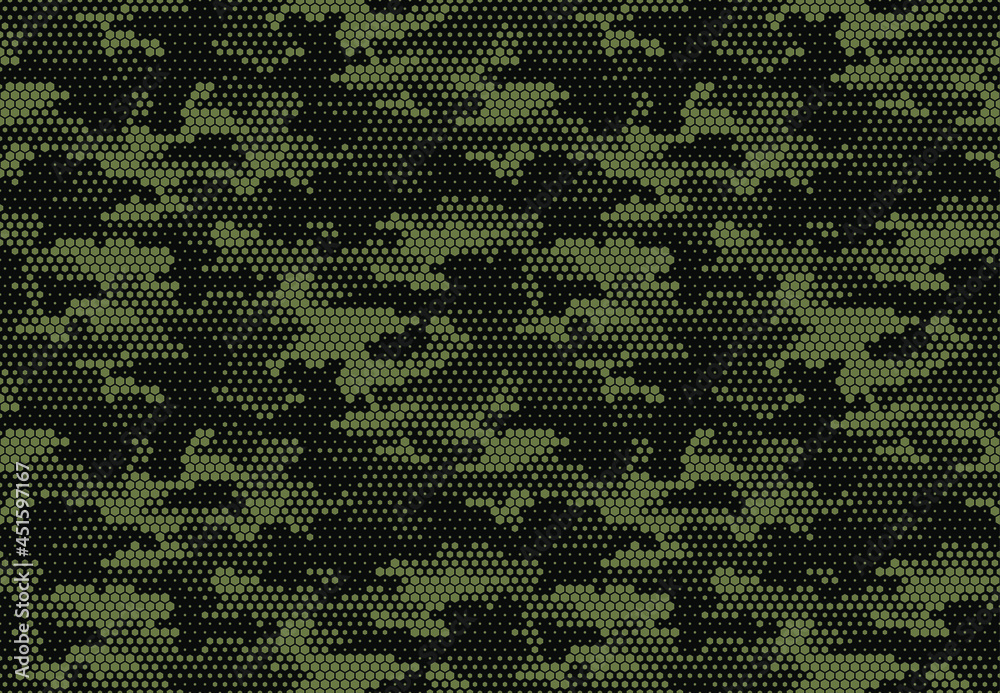 Seamless camouflage pattern. Repeating digital dotted hexagonal camo military texture background. Abstract modern fabric textile ornament. Vector illustration.