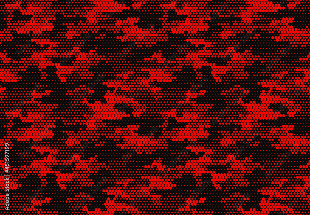 Seamless camouflage pattern. Repeating digital dotted hexagonal camo military texture background. Abstract modern fabric textile ornament. Vector illustration.