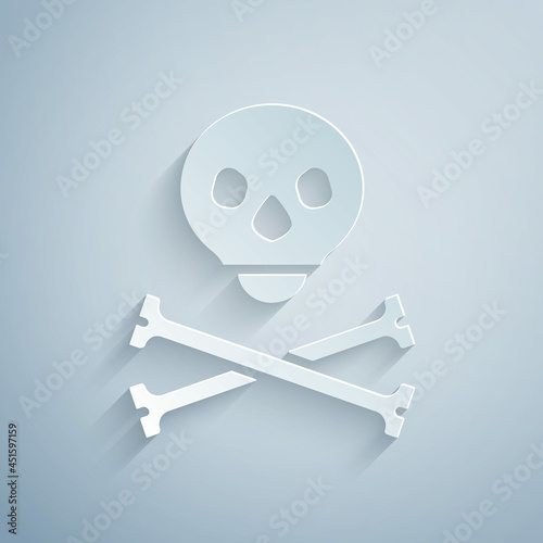 Paper cut Skull on crossbones icon isolated on grey background. Happy Halloween party. Paper art style. Vector