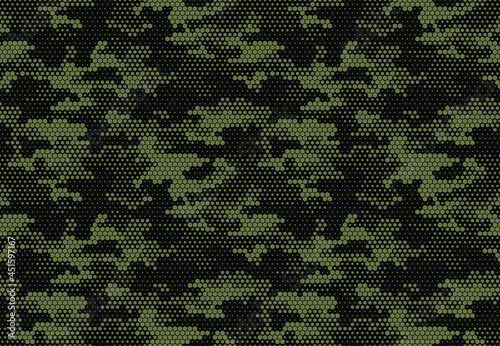 Seamless camouflage pattern. Repeating digital dotted hexagonal camo military texture background. Abstract modern fabric textile ornament. Vector illustration. photo