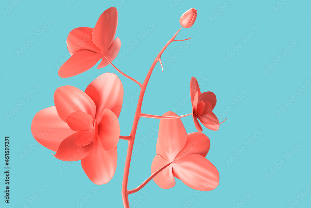 Close-up of abstract minimalistic pink flower over teal background. 3D Rendering