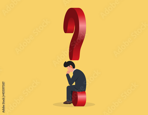 Puzzled business man sitting on a question mark. thinking, contemplating