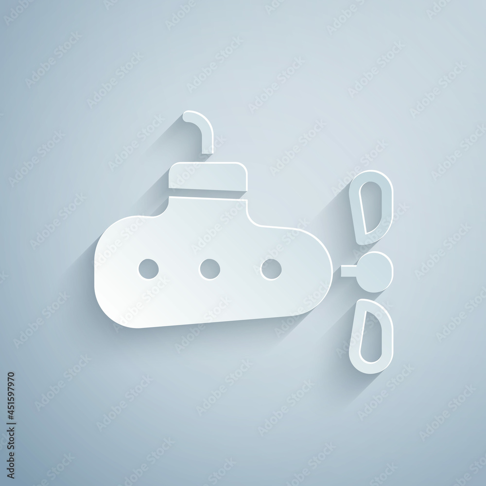 Paper cut Submarine icon isolated on grey background. Military ship. Paper art style. Vector Paper cut Submarine icon isolated on grey background. Military ship. Paper art style. Vector